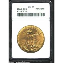 1908 $20 No Motto MS63 ANACS.
