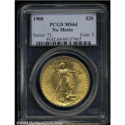 1908 $20 No Motto MS64 PCGS.