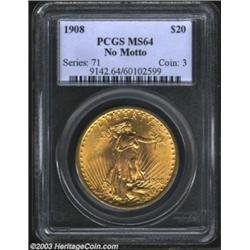 1908 $20 No Motto MS64 PCGS.