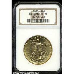 1908 $20 No Motto MS64 NGC.