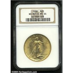 1908 $20 No Motto MS64 NGC.