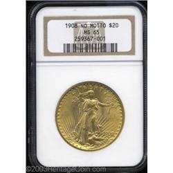 1908 $20 No Motto MS65 NGC.