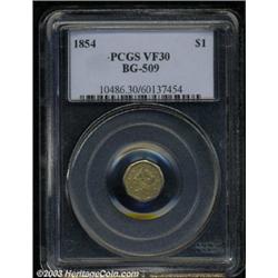 1854 $1 Liberty Octagonal 1 Dollar, BG-509, R.6, VF30 PCGS.