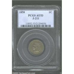 1858 P1C Indian Cent, Judd-211, Pollock-262, R.5 to R.6 AU53 PCGS.