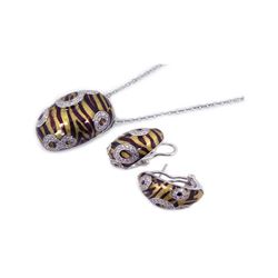 Sterling Silver Rhodium Plated Brown Zebra Stripe Print Clear CZ French Clip Earring & Necklace Set 