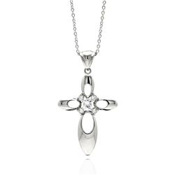 Rhodium Plated Brass Open Cross Clear Center CZ Pendant Necklace bbp00146