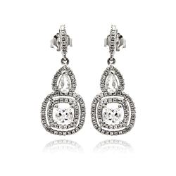 Sterling Silver Rhodium Plated Micro Pave Clear Teardrop Square CZ Dangling Stud Earring ace00076