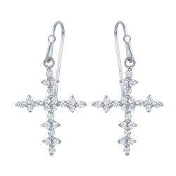 Sterling Silver Rhodium Plated Small Floral Cross Earrings With CZ Accents STE00971