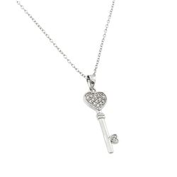 Sterling Silver Rhodium Plated Heart Key CZ Necklace BGP00362