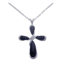 Sterling Silver Rhodium Cross Black Onyx CZ Necklace bgp00260