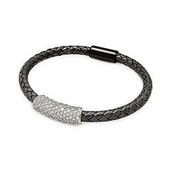 Sterling Silver Rhodium & Black Rhodium Plated Clear CZ Bar Braided Italian Bracelet itb00090blk