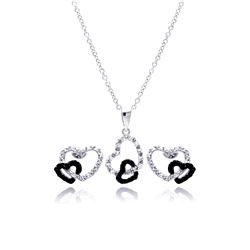 Sterling Silver Rhodium & Black Rhodium Plated Clear & Black Open Heart CZ Stud Earring & Dangling N