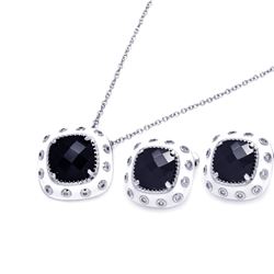 Sterling Silver Rhodium Plated White Enamel Black & Clear Square CZ Stud Earring & Necklace Set bgs0