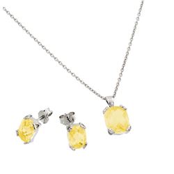 Sterling Silver Rhodium Plated Yellow Topaz CZ Stud Earring & Necklace Set - STS00486NOV