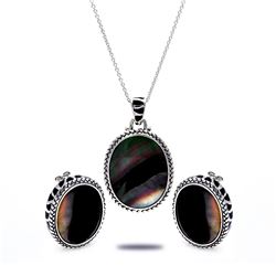 Sterling Silver Rhodium Plated Black Oval MOP CZ Stud Earring & Necklace Set sts00368
