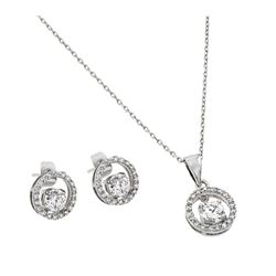 Sterling Silver Rhodium Plated Clear Round Open Circle CZ Stud Earring & Dangling Necklace Set BGS00