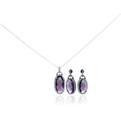 Sterling Silver Rhodium Plated Oval Purple CZ Dangling Stud Earring & Necklace Set sts00301