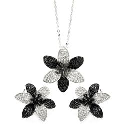 Sterling Silver Rhodium & Black Rhodium Plated Black & Clear Pave Set Flower CZ Stud Earring & Neckl