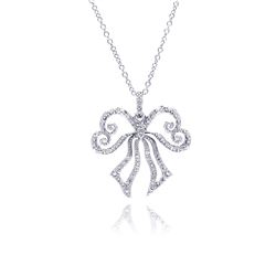 Sterling Silver Rhodium Plated Open Ribbon CZ Necklace bgp00320