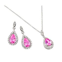 Sterling Silver Rhodium Plated Clear Cluster Pink Teardrop CZ Dangling Stud Earring & Dangling Neckl