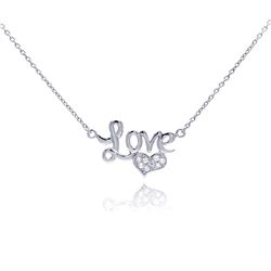 Sterling Silver Clear CZ Rhodium Plated Love Heart Pendant Necklace stp00113