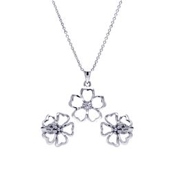 Sterling Silver Rhodium Plated Open Flower CZ Stud Earring & Necklace Set sts00385
