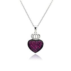 Sterling Silver Rhodium Plated Pink CZ Heart Crown Pendant Necklace stp00769
