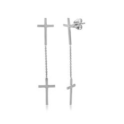 Sterling Silver Rhodium Plated Double Hanging Cross Earrings - DIE00001RH