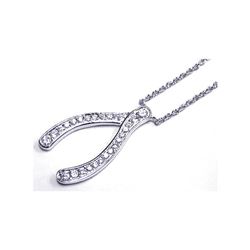 Sterling Silver Clear CZ Rhodium Plated Wishbone Pendant Necklace stp00204