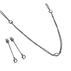 Sterling Silver Oxidized Rhodium Plated Multi Faceted White CZ Dangling Stud Earring & Chain Necklac