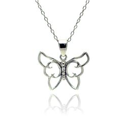 Sterling Silver Rhodium Plated Clear CZ Butterfly Pendant Necklace stp01347