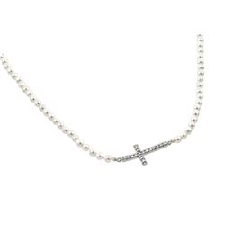 Sterling Silver Rhodium Plated Clear CZ Horizontal Cross Pendant On Synthetic Pearl Necklace - BGP00