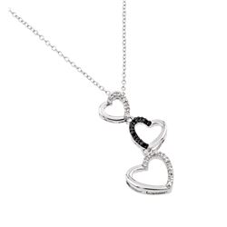 Sterling Silver Rhodium Plated Three Graduated Open Heart Clear & Black CZ Necklace bgp00679