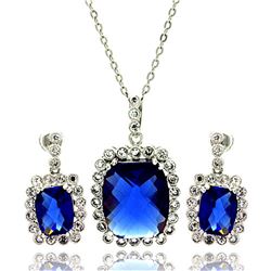 Sterling Silver Rhodium Plated Blue & Clear Rectangular CZ Dangling Stud Earring & Necklace Set bgs0