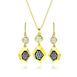 Sterling Silver Gold Plated Black CZ Dangling Stud Earring & Necklace Set sts00382