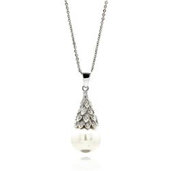 Sterling Silver Rhodium Plated Multiple Tiny Leafs CZ Hanging Pearl Necklace bgp00601
