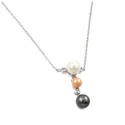 Sterling Silver Rhodium Plated Three Tone Pear Round CZ Necklace BGP00530