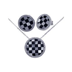 Sterling Silver Rhodium Plated Round Checker Clear CZ Stud Earring & Necklace Set bgs00068