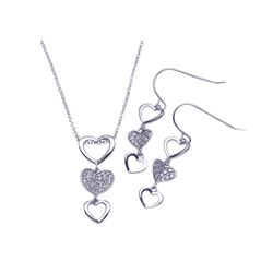 Sterling Silver Rhodium Plated Multiple Graduated Open & Closed Heart CZ Hook Earring & Necklace Set