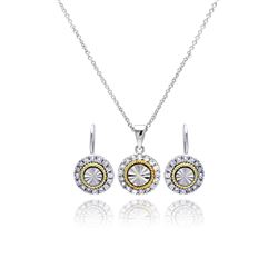 Sterling Silver Gold & Rhodium Plated Round CZ Stud Earring & Necklace Set sts00095