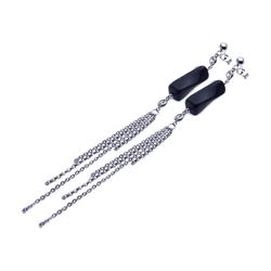 Sterling Silver Rhodium Plated Round Black Wavy Rectangle CZ Multi Strand Dangling Stud Earring ste0