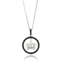Sterling Silver Rhodium Plated Round Open Disc Black Border CZ Center Crown Necklace bgp00581