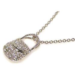 Sterling Silver Clear CZ Rhodium Plated HandBag Pendant Necklace stp00062