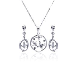 Silver Rhodium Plated Open Circle Butterfly Clear CZ Dangling Stud Earring & Necklace Set bgs00215