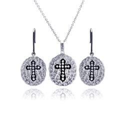 Sterling Silver Black & Rhodium Plated Round Black Cross CZ Inlay Dangling Hook Earring & Necklace S