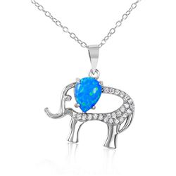 Sterling Silver Rhodium Plated Elephant with CZ and Synthetic Blue Opal Necklace - BGP01068