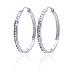 Sterling Silver Rhodium Plated Round Clear CZ Hoop Earring AAE00002-40mm