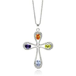 Rhodium Plated Brass Open Cross Multi Colored CZ Pendant Necklace bbp00114
