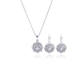 Sterling Silver Rhodium Plated Antique Style Princess Cut CZ Hook Earring & Necklace Set sts00348