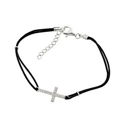 Sterling Silver Rhodium Plated Sideways Cross CZ Black Leather Cord Bracelet bgb00152rhd